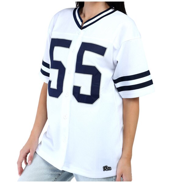model wearing women's white button down football jersey #55